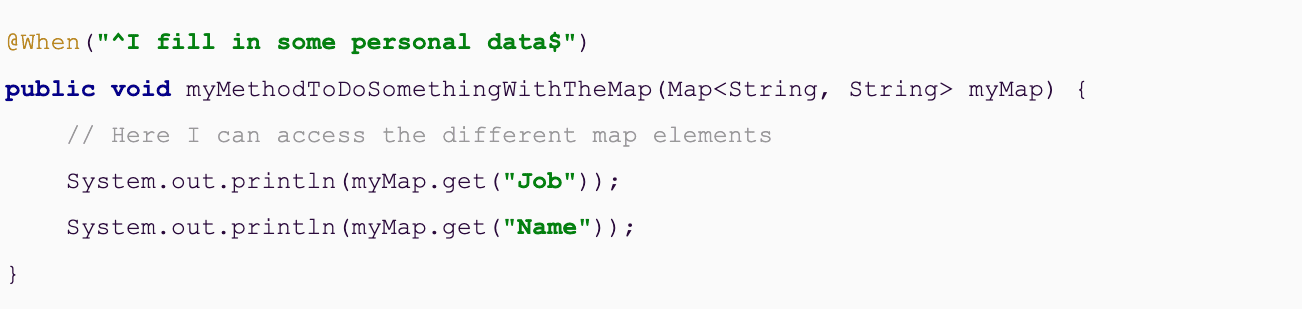 code snippet explaining cucumber data tables in java