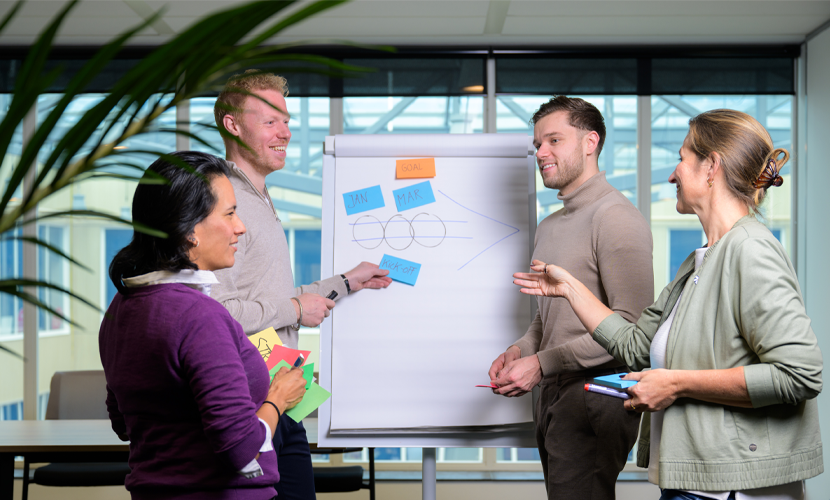 Vier medewerkers in een interactieve brainstormsessie
